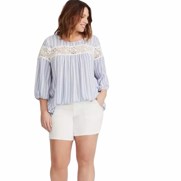 Torrid Womens Blue & White Stripe Gauze Blouse Size 3 Crochet Trim 3/4 Sleeves - Picture 2 of 8